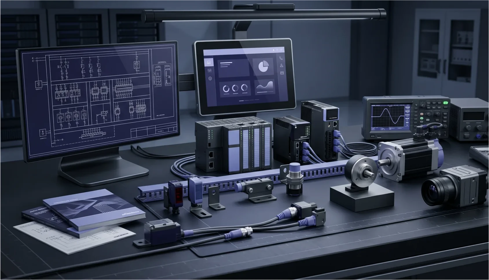 Control engineering workstation with PLC modules, wiring diagrams, motion controller, and test equipment.
