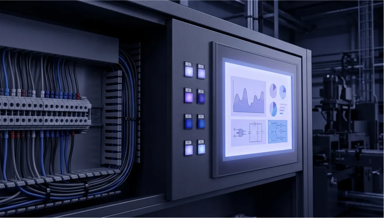Industrial control panel with HMI screen, status indicators, and organized wiring.