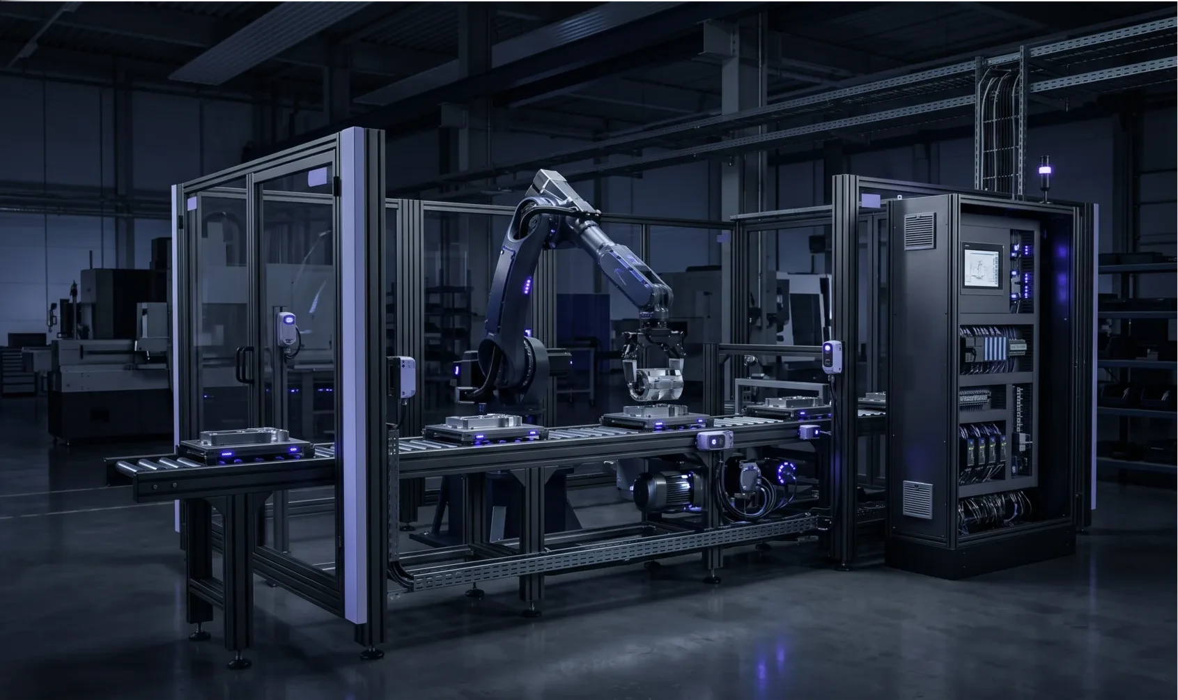 Robotic automation cell with control cabinet, conveyor, and industrial motion equipment.