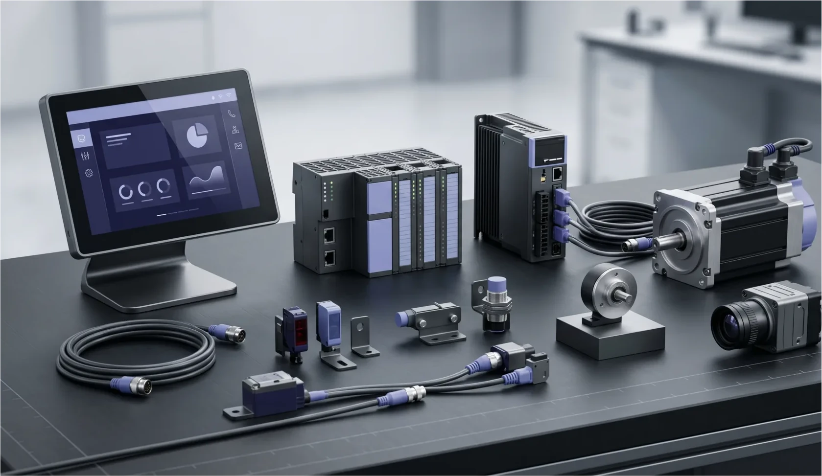 Industrial automation components including servo drives, controllers, sensors, and machine vision hardware.