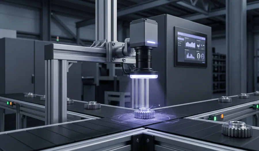 Machine vision inspection station scanning parts on a conveyor with industrial diagnostics nearby.