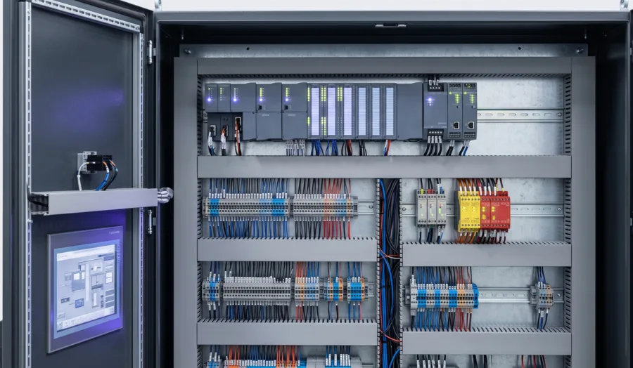 Industrial PLC control cabinet with organized wiring, HMI panel, and diagnostic status lights.