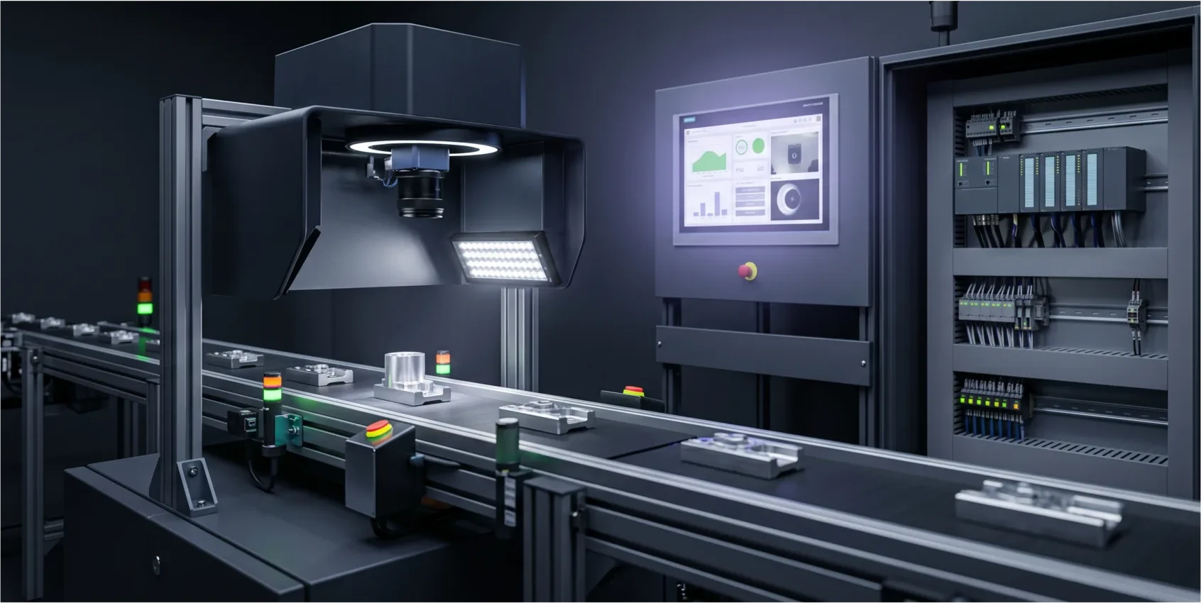 Machine vision inspection station with conveyor, HMI diagnostics, and PLC control cabinet.