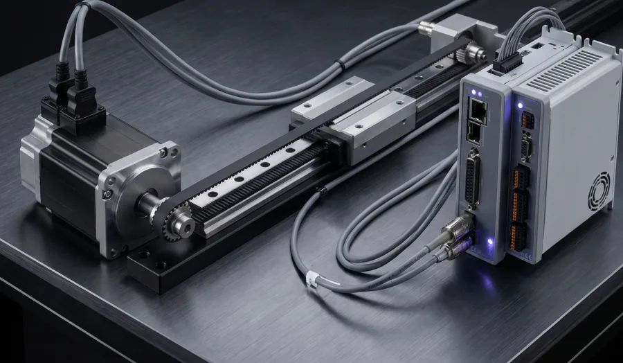 Servo motor, linear rail, controller, and drive hardware arranged for precision motion control.