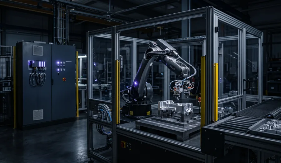 Robotic automation cell with guarded tooling, control cabinet, and industrial conveyor.